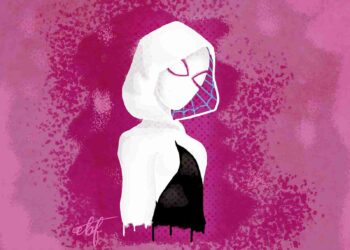 Disegno di Spider-Gwen su sfondo rosa.