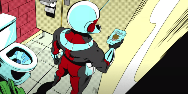 Ant-Man in bagno con un dispositivo in mano